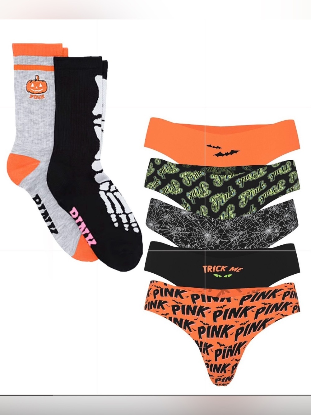 NWT PINK Victoria's Secret Halloween Crew Socks & Panty Pack No Show Thongs